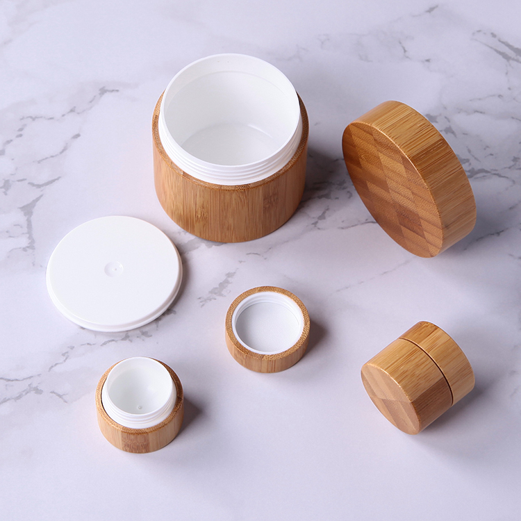 Eco-friendly custom made cosmetic packaging bamboo wooden cream jar, cheap popular durable cylinder empty bamboo pp plastic jar