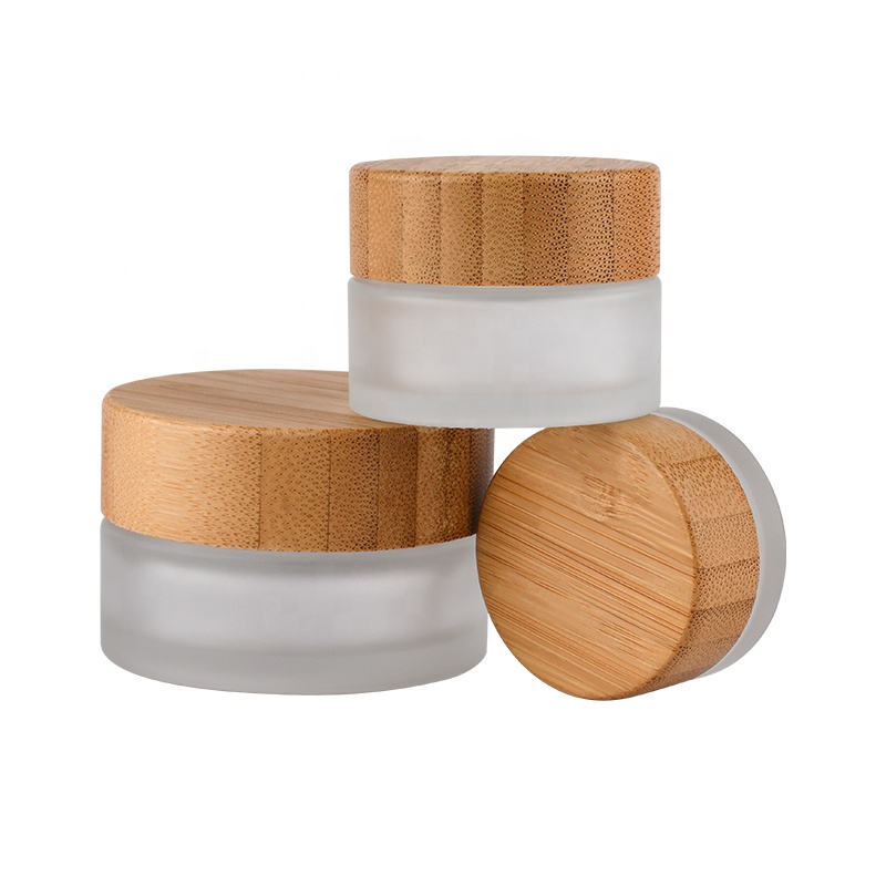Eco friendly empty Bamboo Cosmetic face eye cream Containers 5g 15g 30g 50g 100g frosted clear glass cream jar with bamboo lid
