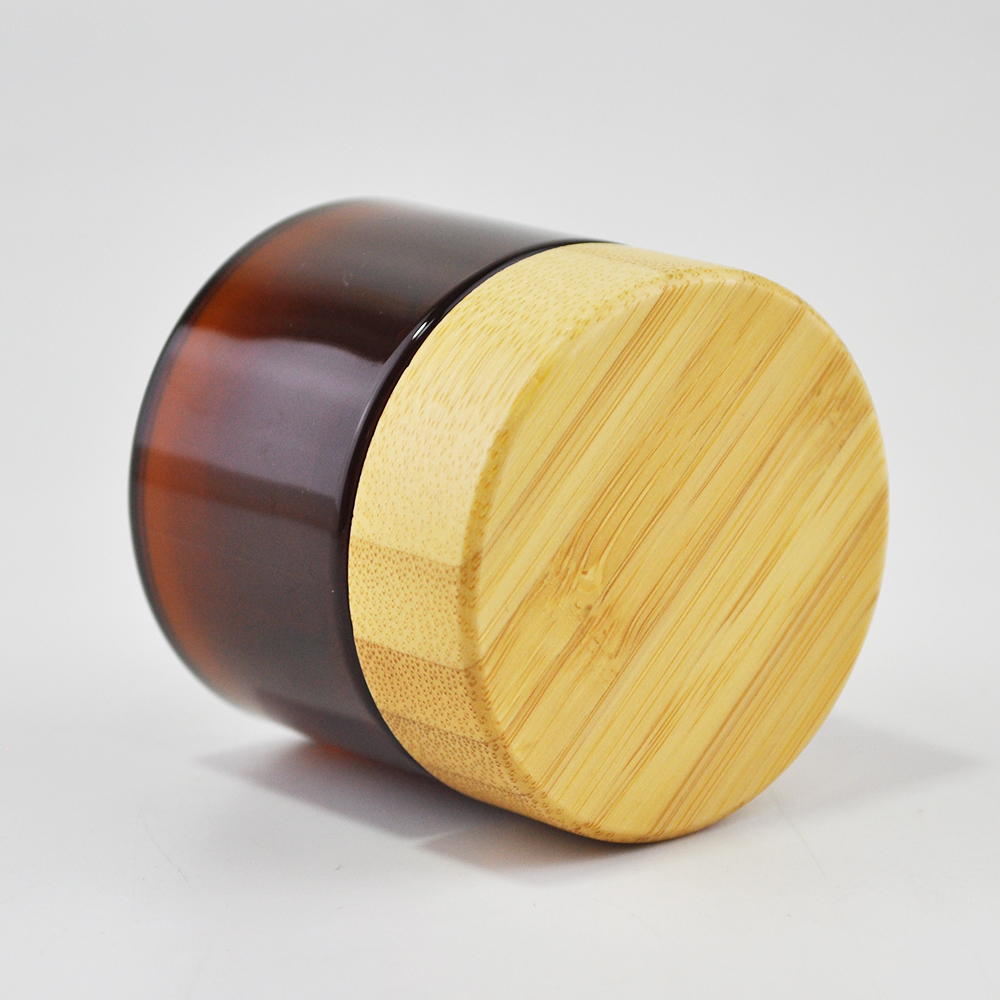 Eco- friendly empty bamboo lid amber jars for cosmetic face cream packaging