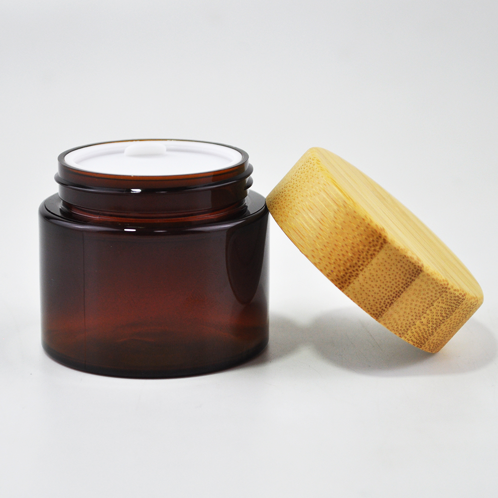 Eco- friendly empty bamboo lid amber jars for cosmetic face cream packaging
