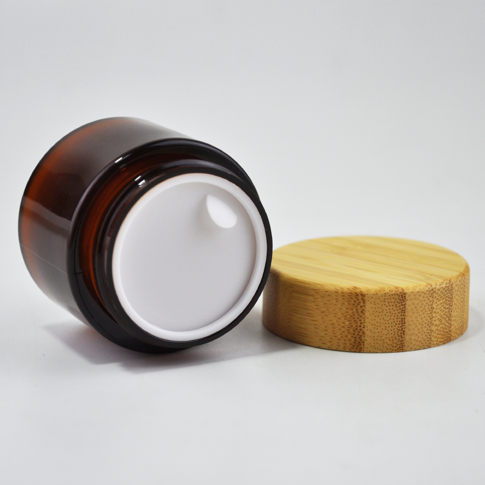 Eco- friendly empty bamboo lid amber jars for cosmetic face cream packaging