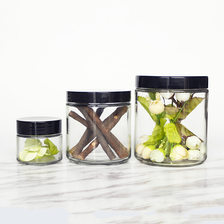 Eco-friendly flint cookie candy honey food glass storage jar with airtight black screw cap