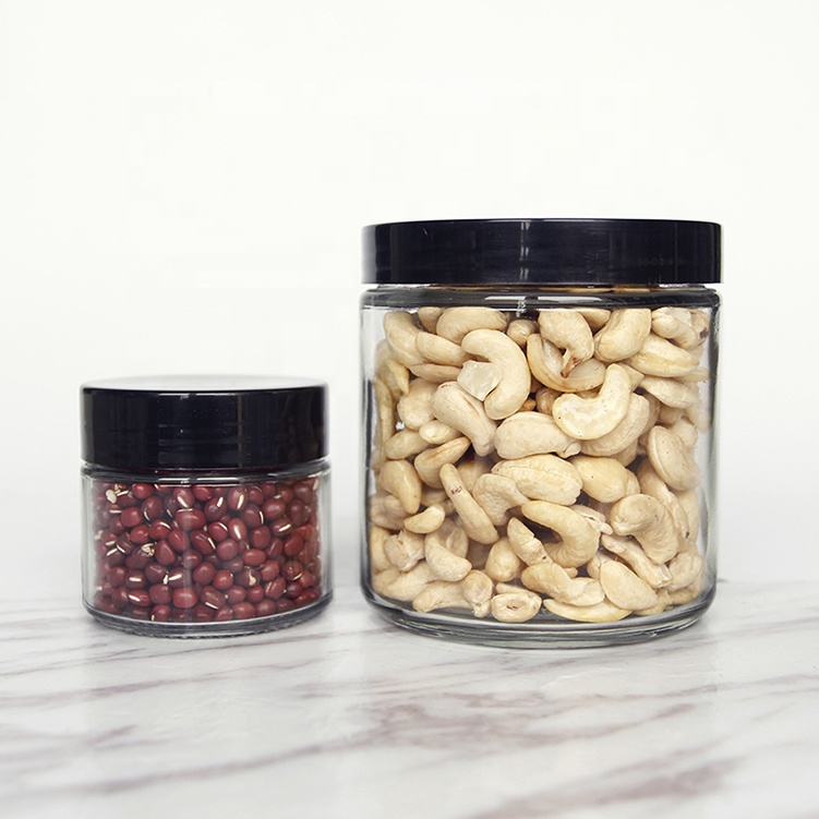 Eco-friendly flint cookie candy honey food glass storage jar with airtight black screw cap