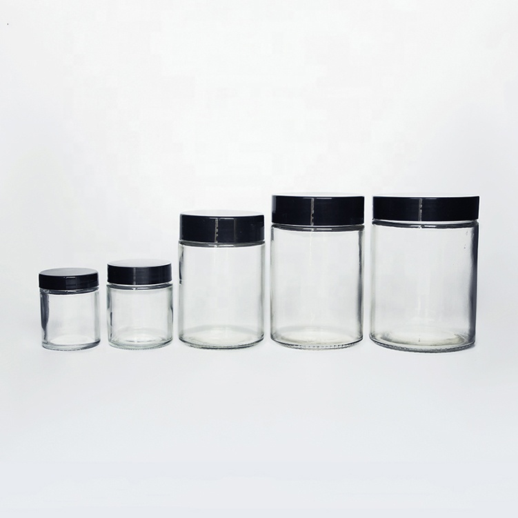Eco-friendly flint cookie candy honey food glass storage jar with airtight black screw cap