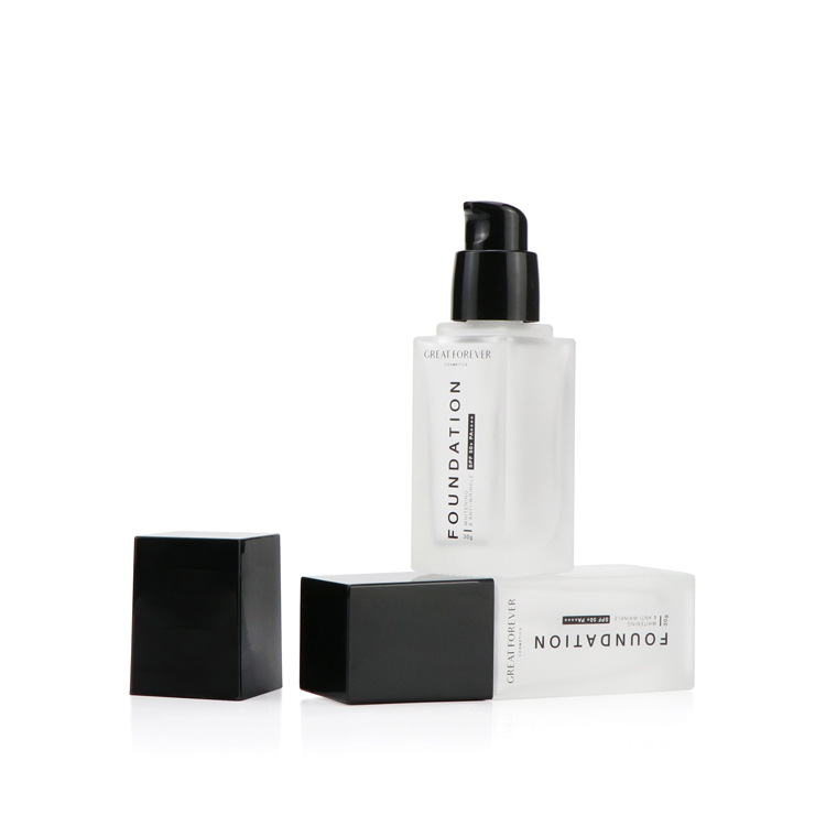 Eco friendly foundation bottle glass matte 30ml 40ml custom empty square lotion bottle with black pump