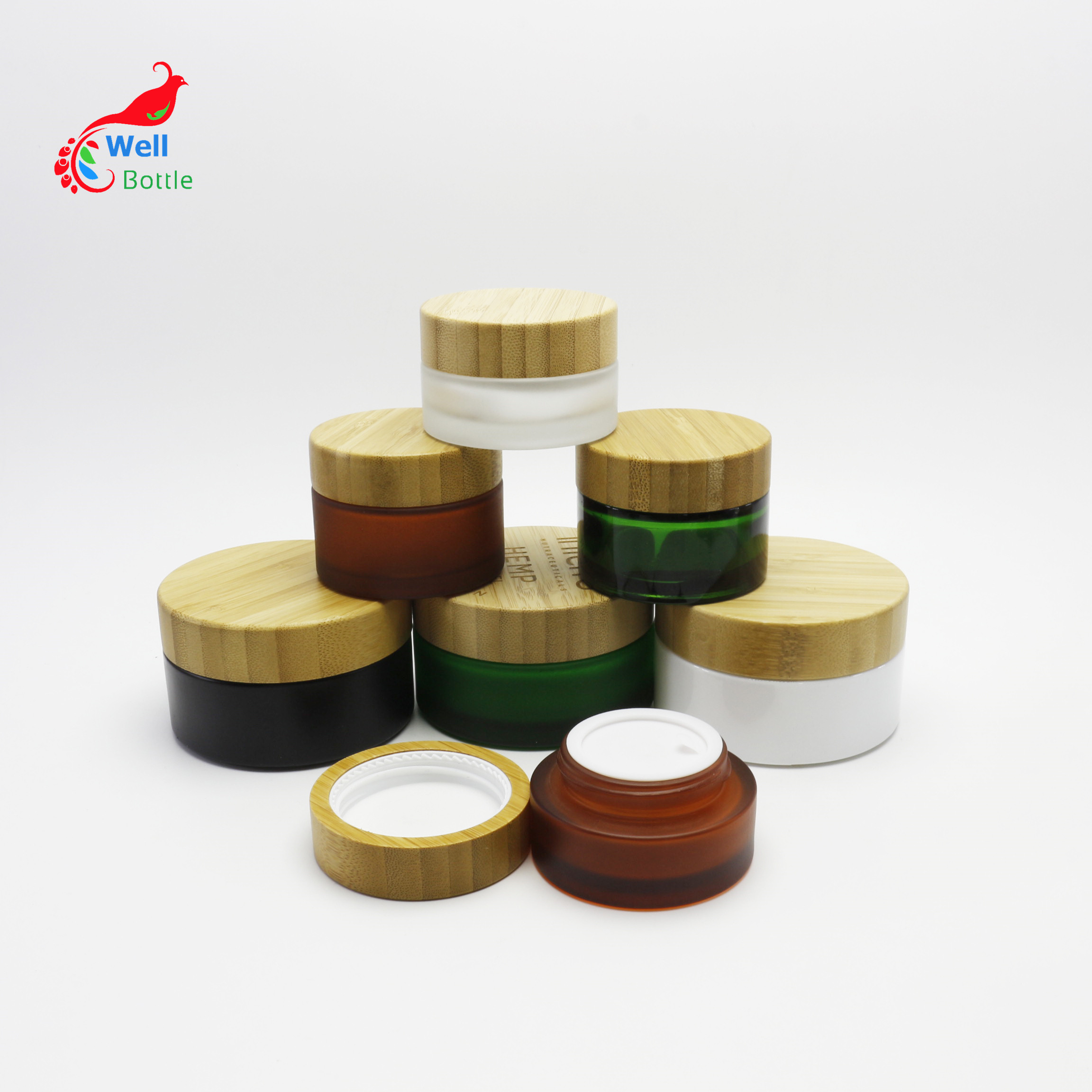Eco friendly frosted matte clear amber green white black glass bamboo lid jar for cosmetic cream jars container BJ-318AN