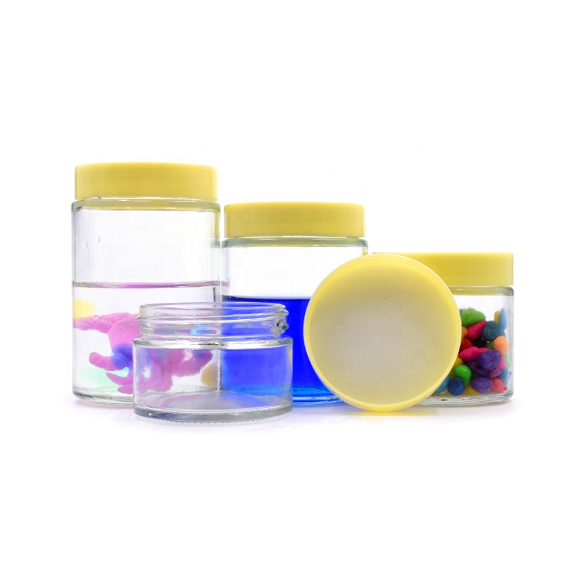 Eco-friendly glass packaging container 100ml 200ml 280ml 380ml food storage sealed glass jar with screw plastic yellow lid