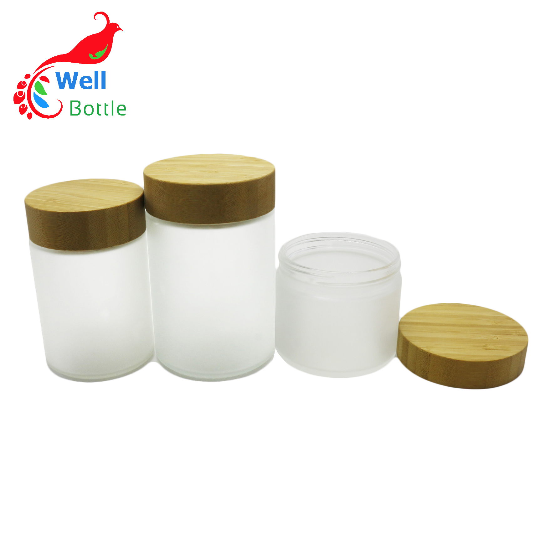 Eco-friendly glass packaging container Scrub glass jar and bottles with bamboo wood lid J175E