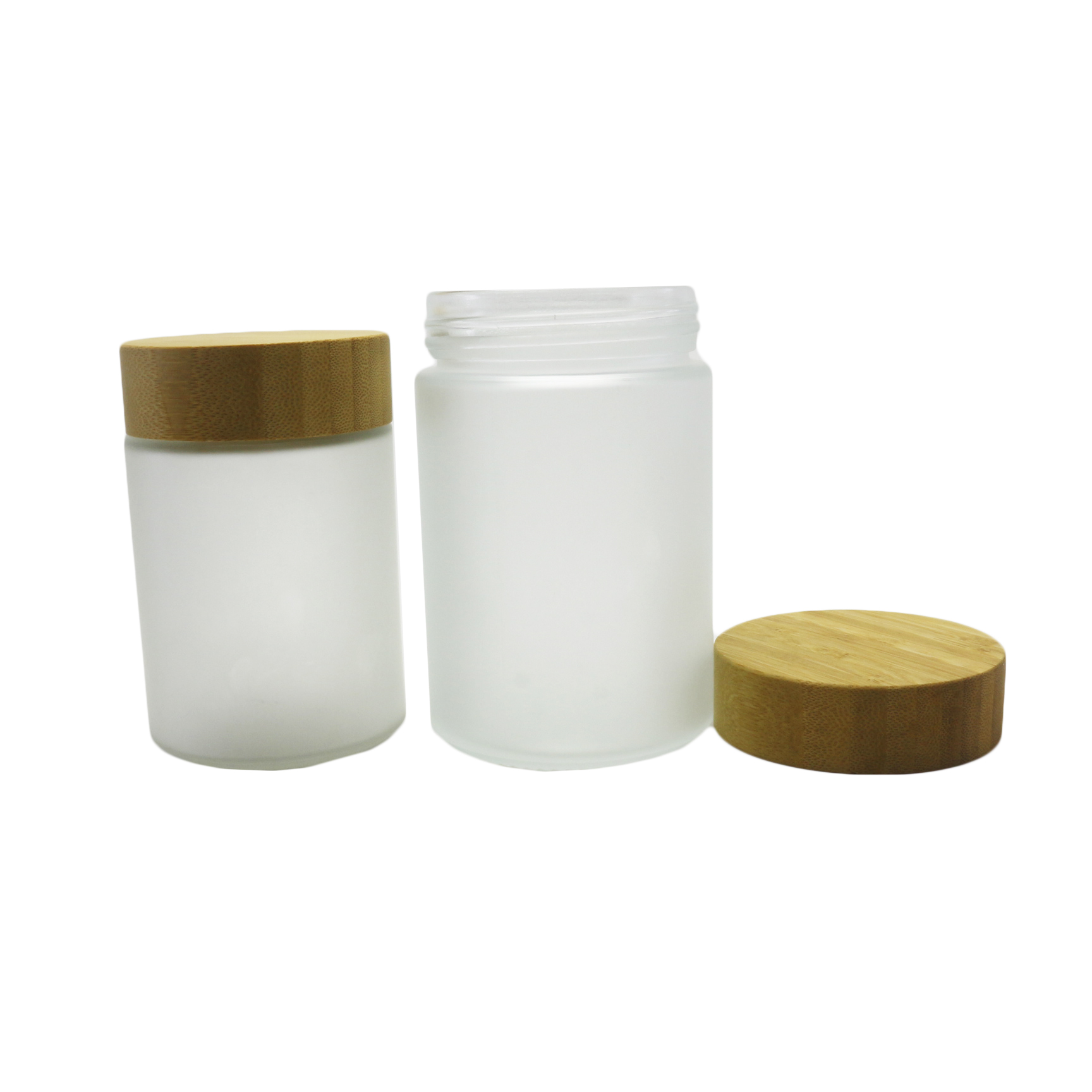 Eco-friendly glass packaging container Scrub glass jar and bottles with bamboo wood lid J175E