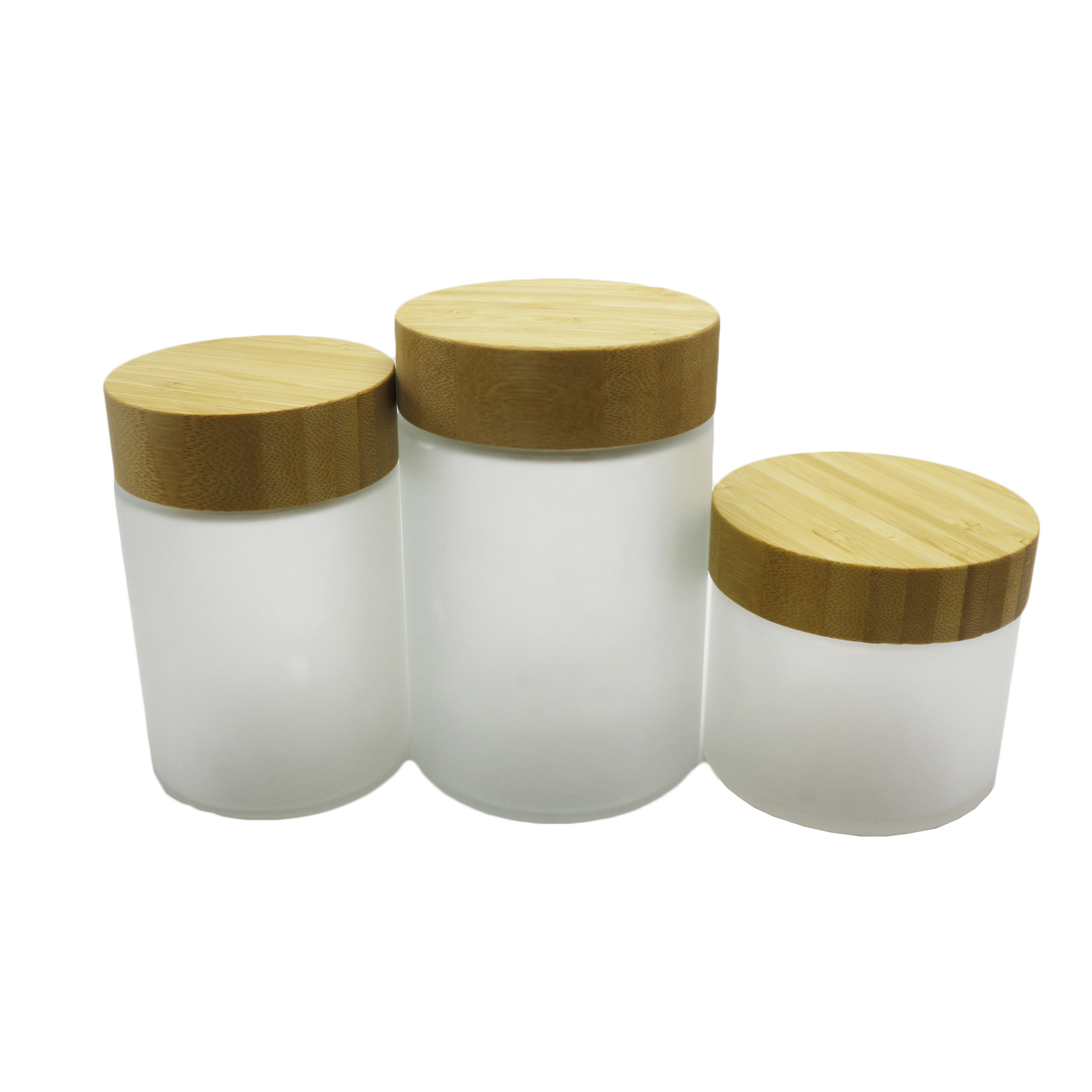 Eco-friendly glass packaging container Scrub glass jar and bottles with bamboo wood lid J175E