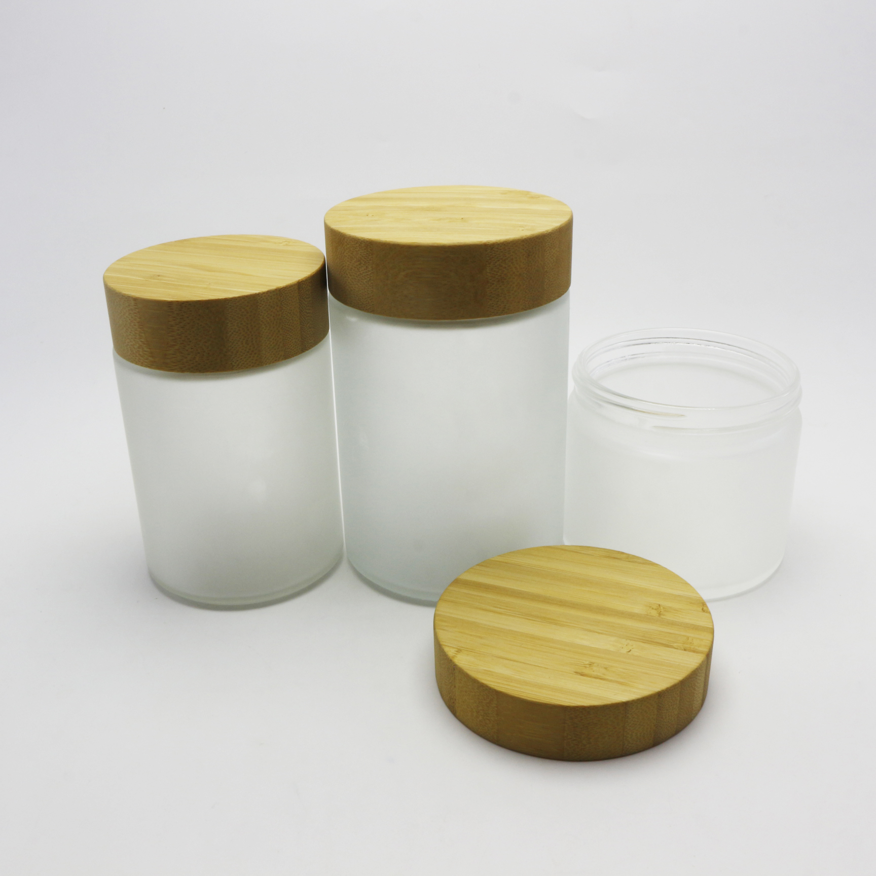 Eco-friendly glass packaging container Scrub glass jar and bottles with bamboo wood lid J175E