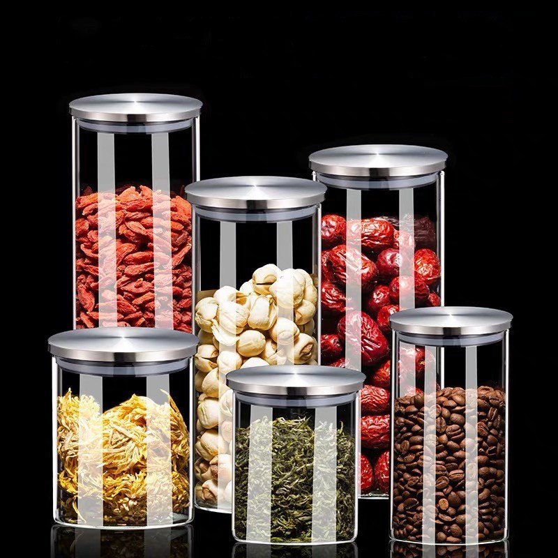 Eco-friendly high quality borosilicate glass storage jar airtight tank with stainless steel Lid custom your own design food jar