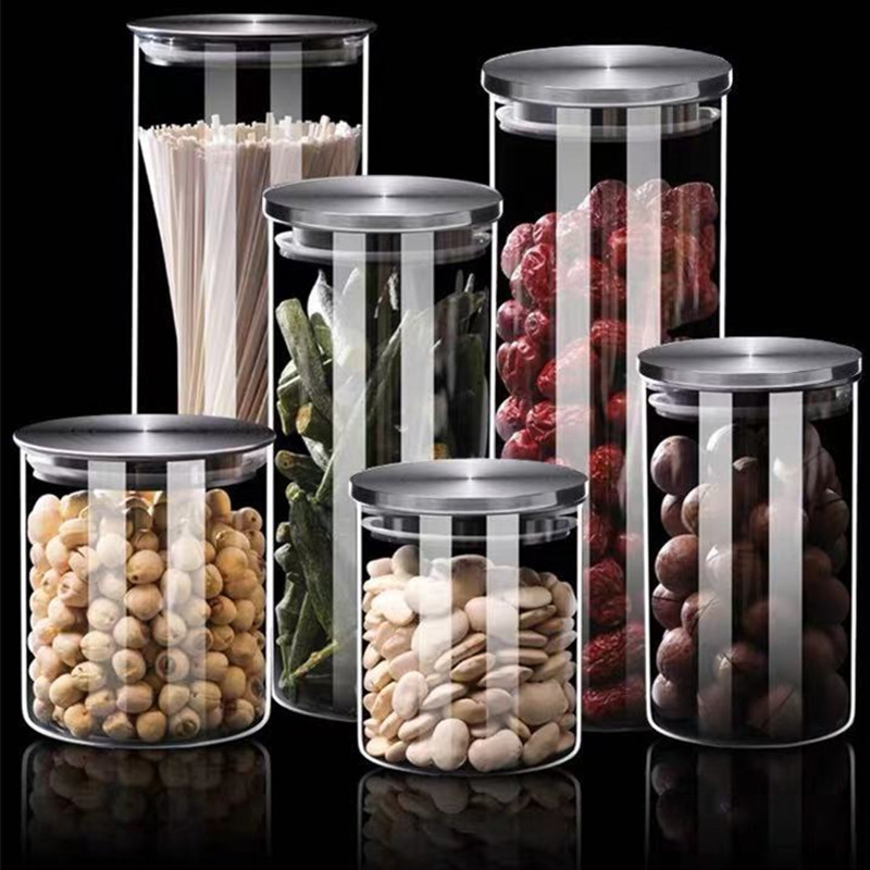 Eco-friendly high quality borosilicate glass storage jar airtight tank with stainless steel Lid custom your own design food jar