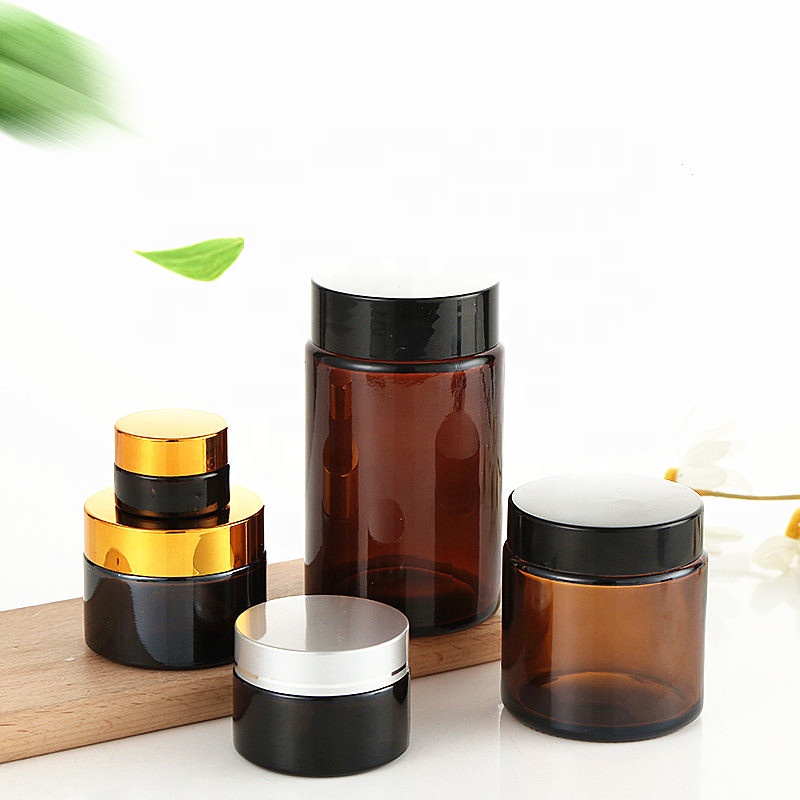 Eco-friendly luxury cosmetic body cream 9oz 270ml amber straight sided glass jars with black lid