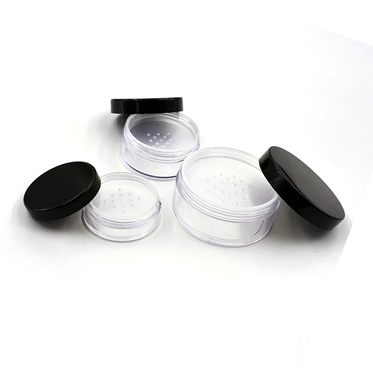 Eco friendly plastic 5g 10g 20g 50g 30g 30ml 1oz 30 gram clear loose powder jar container with sifter black lid