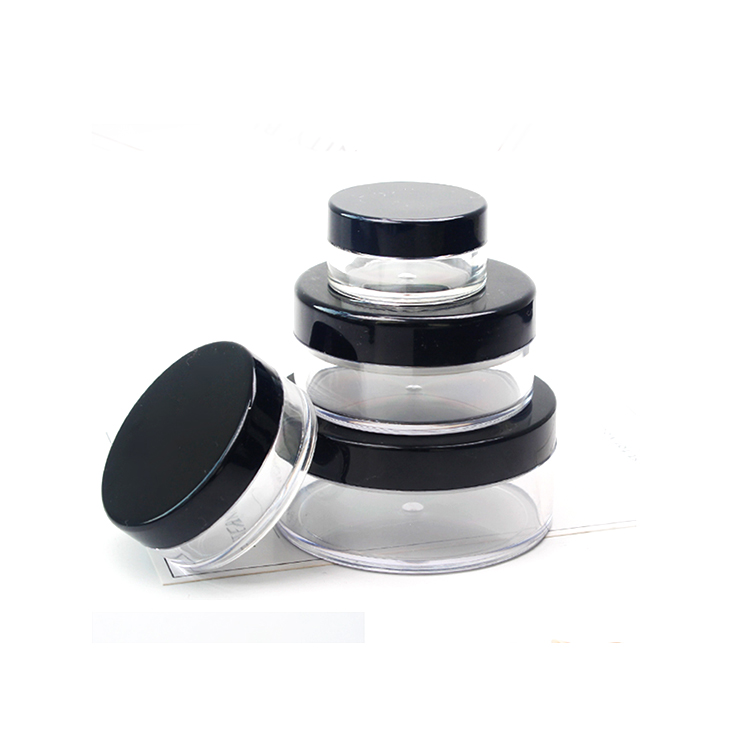 Eco friendly plastic 5g 10g 20g 50g 30g 30ml 1oz 30 gram clear loose powder jar container with sifter black lid