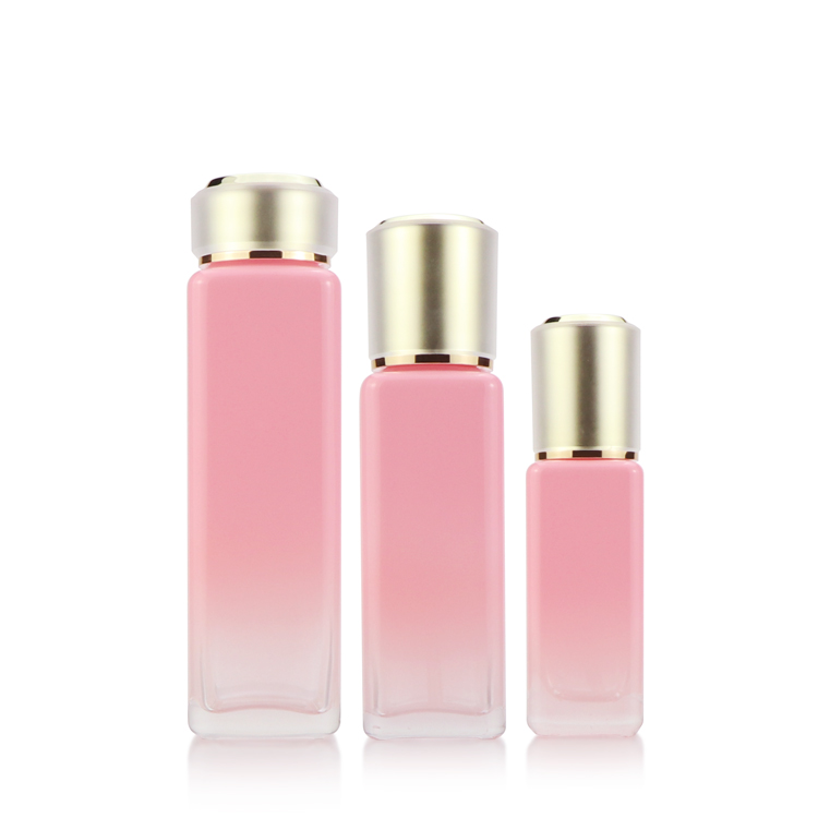 Eco friendly skin care packaging 30g 50g 100ml 150ml square pink glass cosmetic bottle and cream jar for sale