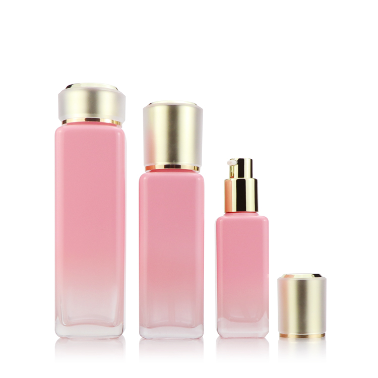 Eco friendly skin care packaging 30g 50g 100ml 150ml square pink glass cosmetic bottle and cream jar for sale