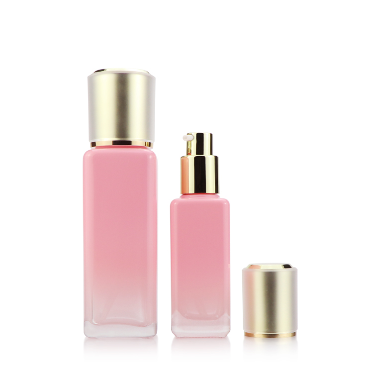 Eco friendly skin care packaging 30g 50g 100ml 150ml square pink glass cosmetic bottle and cream jar for sale