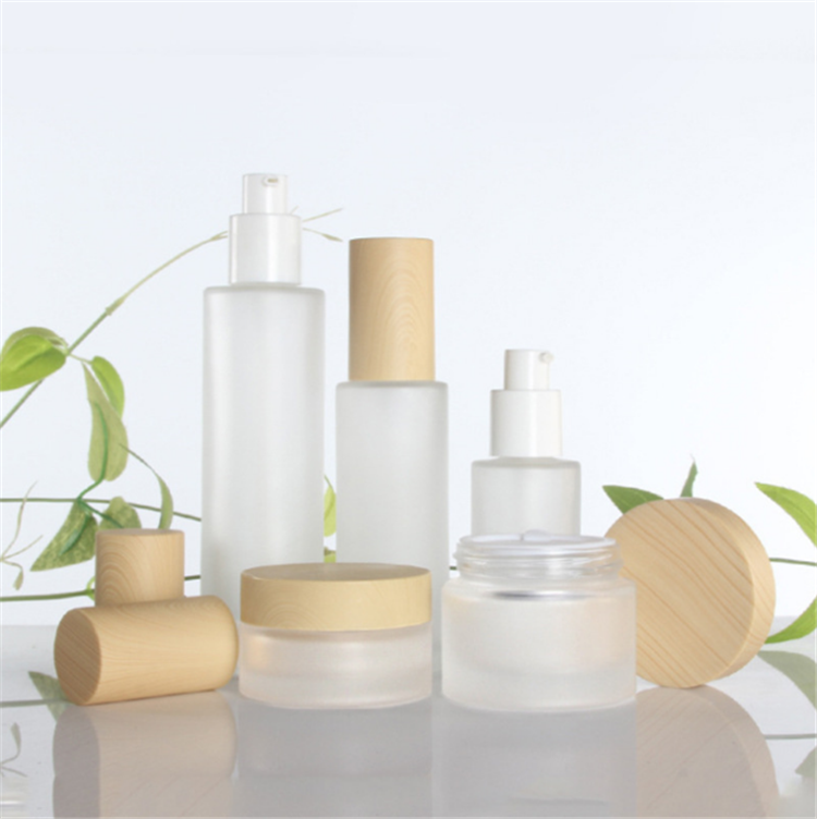 Eco friendly skincare bottle luxury wood grain cover lotion pump bottle/serum bottle pump/glass skincare bottle foundation 30ml