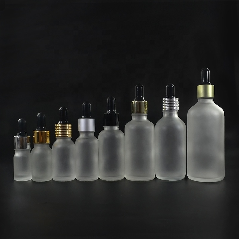 Ejuice 10ml 15ml 30ml 50ml 100ml clear amber frosted glass essential oil bottle dropper with golden aluminum cap