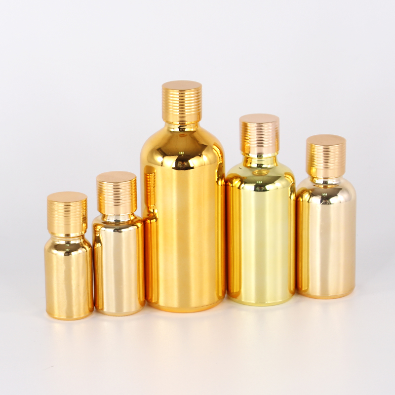 Electroplate gold round 30 ml cosmetic glass dropper bottle serum