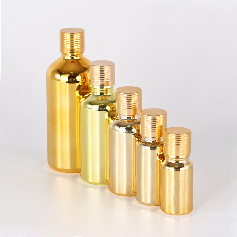 Electroplate gold round 30 ml cosmetic glass dropper bottle serum