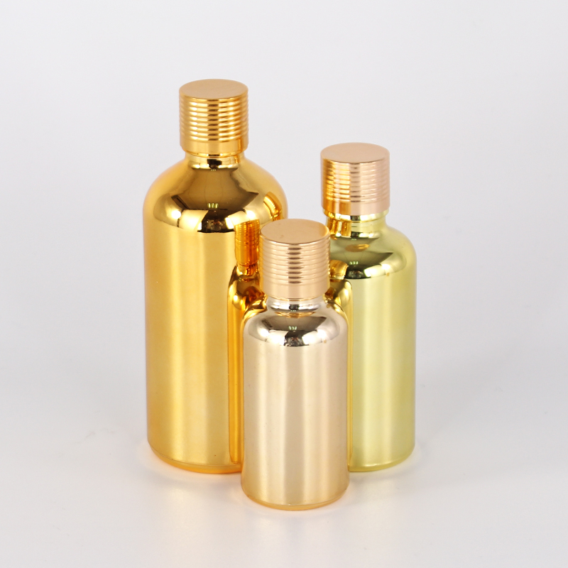 Electroplate gold round 30 ml cosmetic glass dropper bottle serum