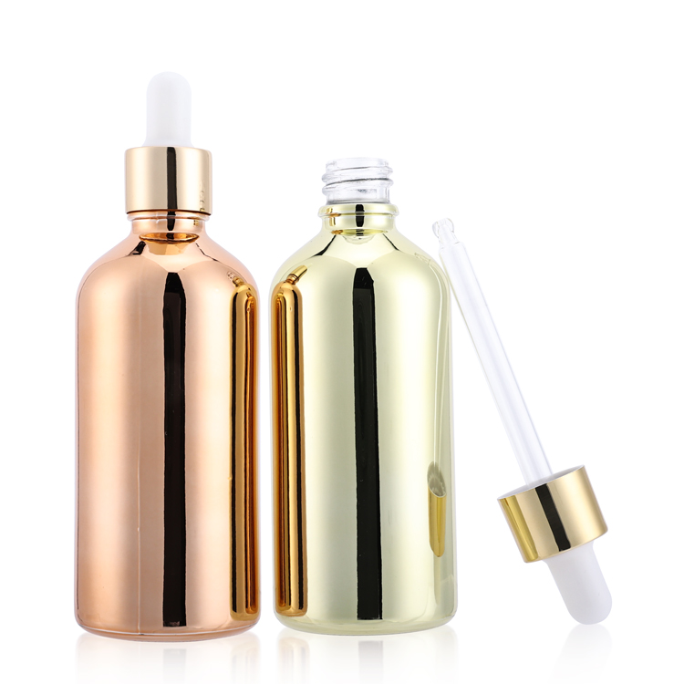 Electroplate rose gold high end serum bottle round 100 ml cosmetic glass dropper bottle for cosmetic serum