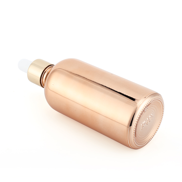 Electroplate rose gold high end serum bottle round 100 ml cosmetic glass dropper bottle for cosmetic serum