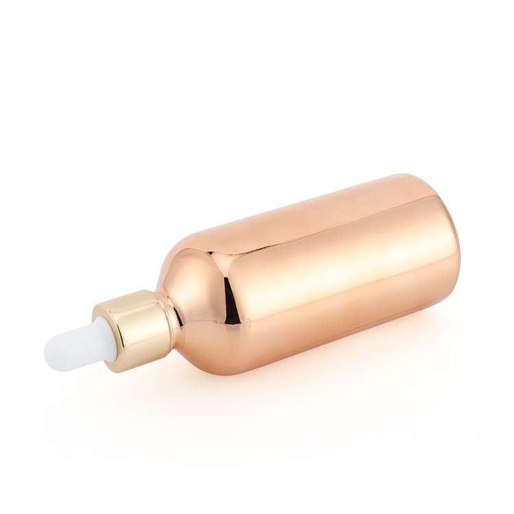 Electroplate rose gold high end serum bottle round 100 ml cosmetic glass dropper bottle for cosmetic serum