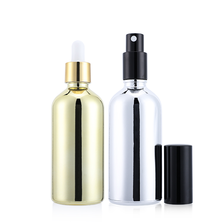 Electroplate rose gold high end serum bottle round 100 ml cosmetic glass dropper bottle for cosmetic serum