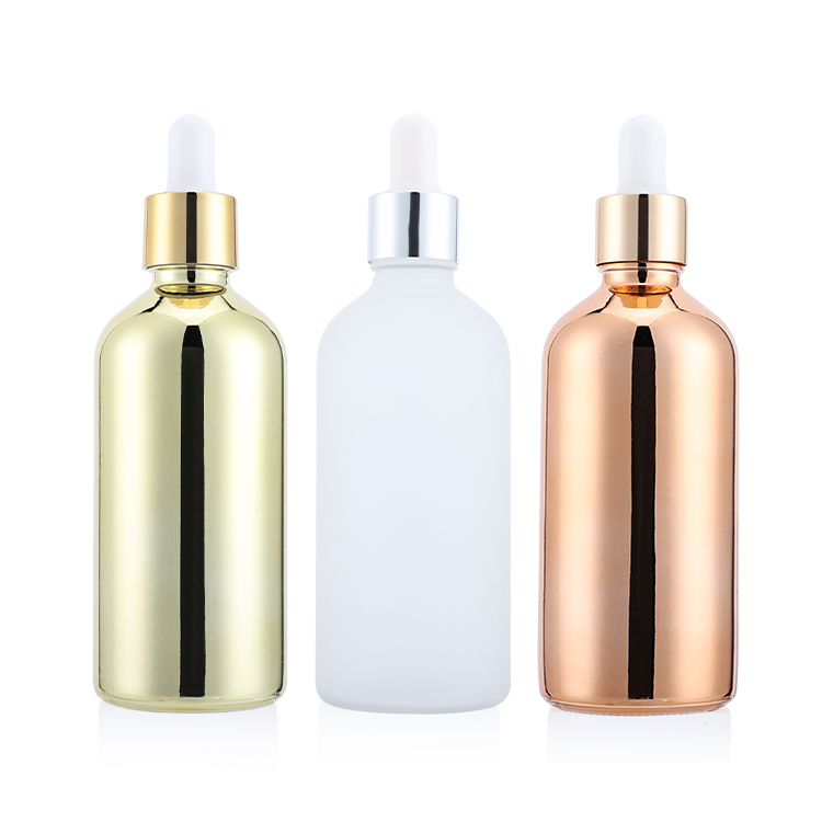 Electroplate rose gold high end serum bottle round 100 ml cosmetic glass dropper bottle for cosmetic serum