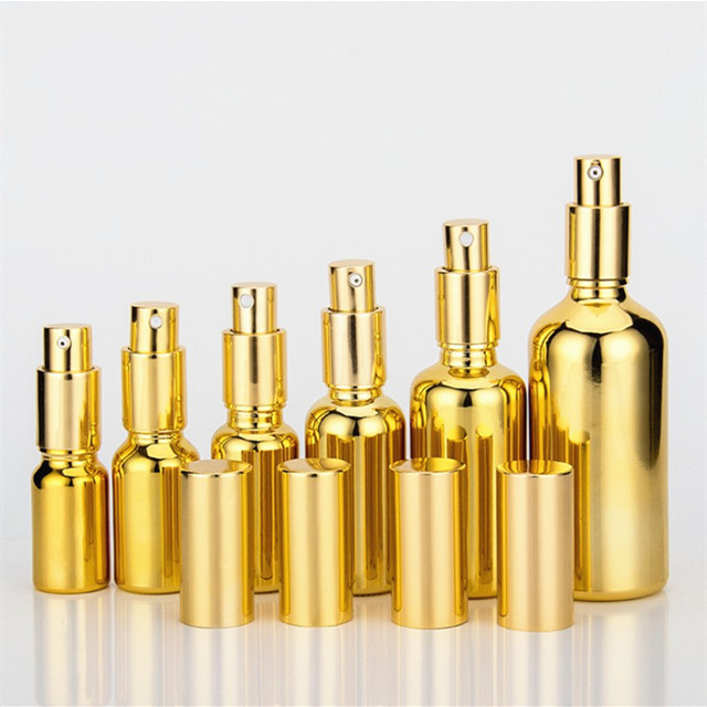 Electroplated gold glass bottle essential oil 20 ml spray bottle with golden Childproof cap