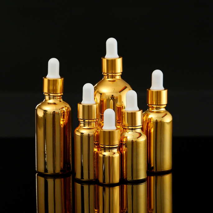 Electroplated golden glass fine oil bottle 5~100ml with gold lid