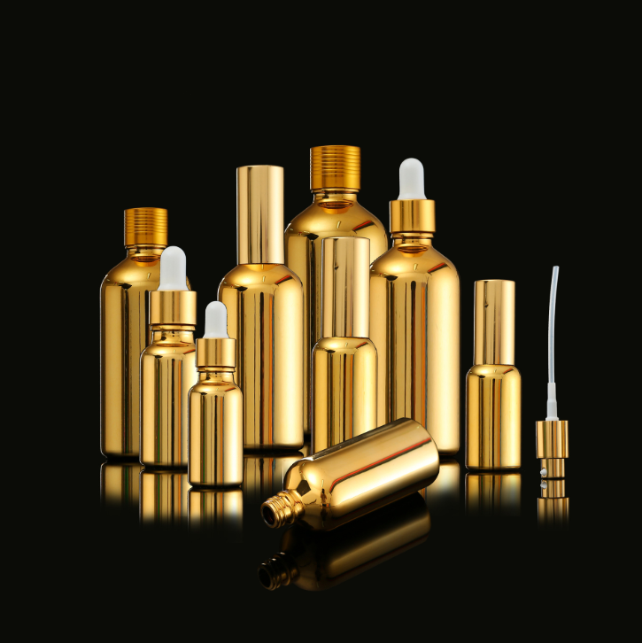 Electroplated golden glass fine oil bottle 5~100ml with gold lid