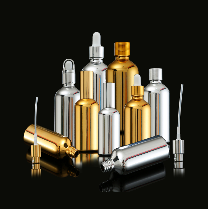 Electroplated golden glass fine oil bottle 5~100ml with gold lid