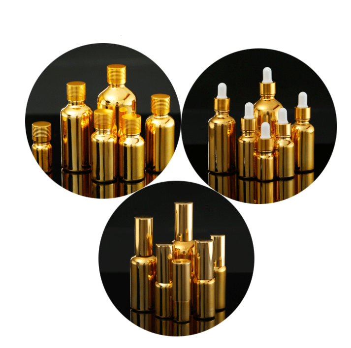 Electroplated golden glass fine oil bottle 5~100ml with gold lid
