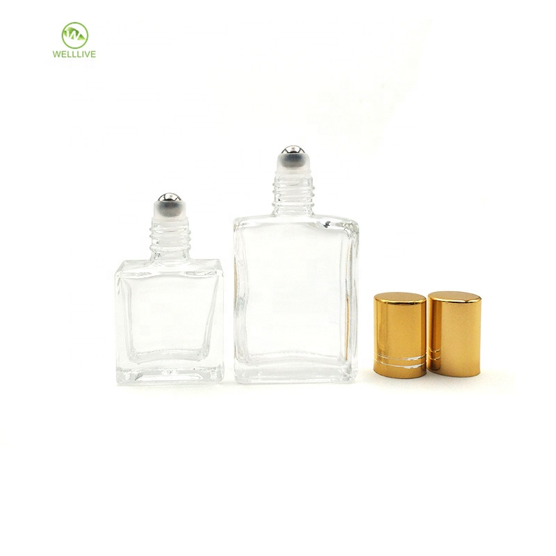 Elegant 10ml 15ml clear square medical essential oil glass perfume roll on bottle with steel roller ball