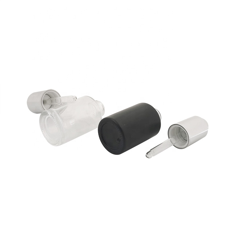 Elegant 1oz 30ml transparent colored essential oil glass cosmetic packaging dropper bottle with press silver lid