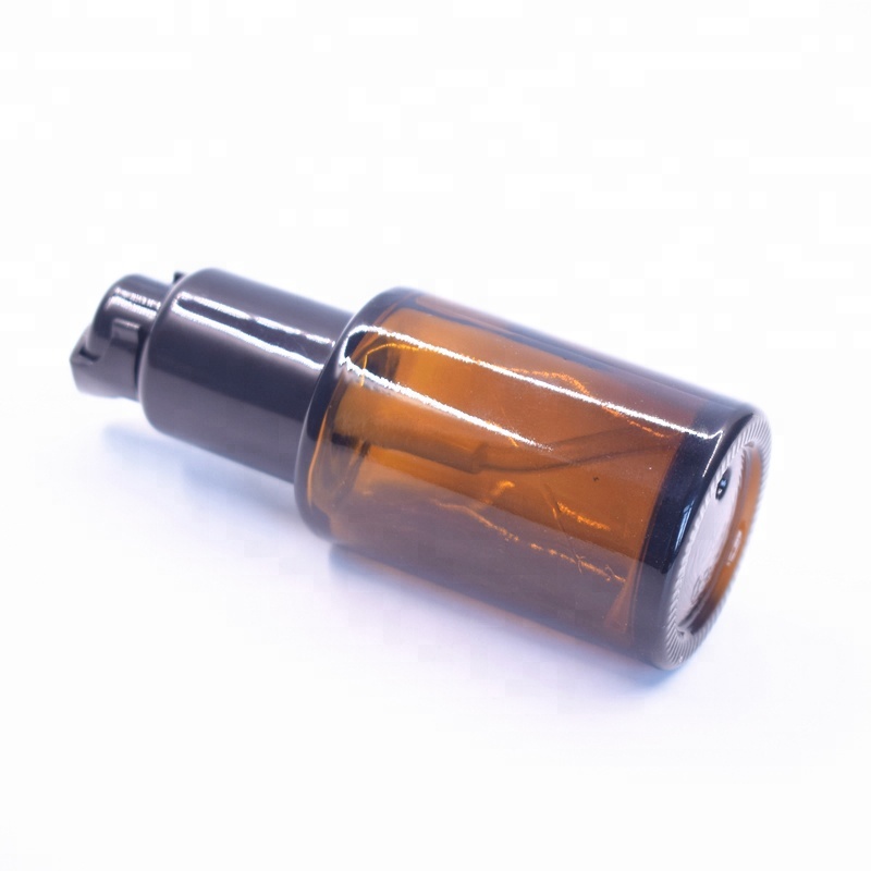 Elegant Cylinder Flat Shoulder 30ml Amber Glass Bottle with Serum Pump,amber glass pump bottle for oil