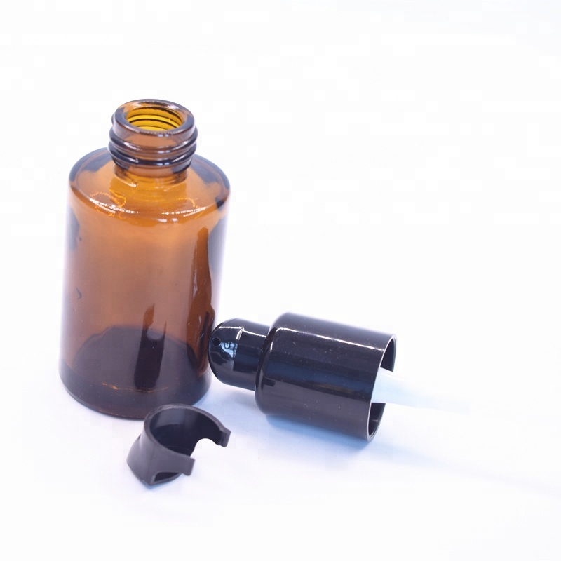 Elegant Cylinder Flat Shoulder 30ml Amber Glass Bottle with Serum Pump,amber glass pump bottle for oil