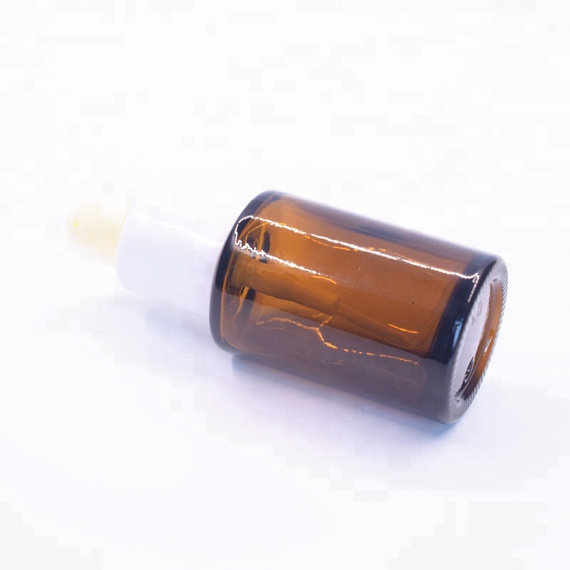 Elegant Cylinder Flat Shoulder 30ml Amber Glass Bottle with Serum Pump,amber glass pump bottle for oil