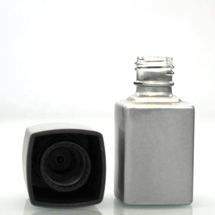 Elegant Matte Silver Square 12ml Gel Nail Polish Glass Bottle With Cap And Brush