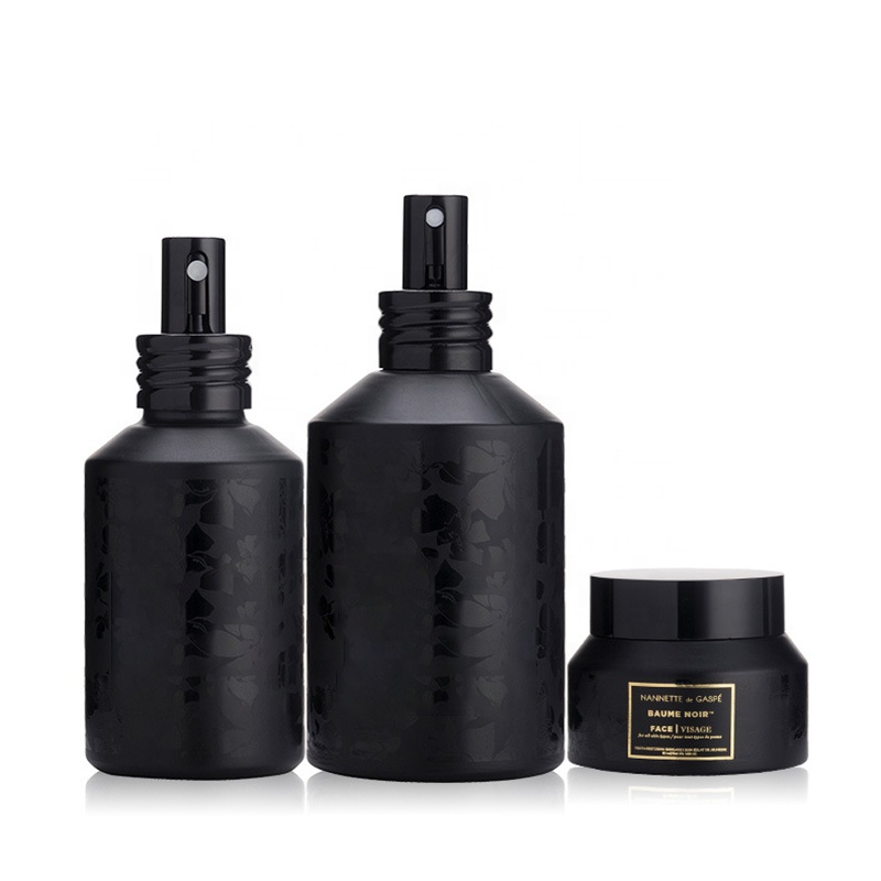 Elegant black high-grade cosmetic bottles, glass cream jar glass bottle with press and spray pump