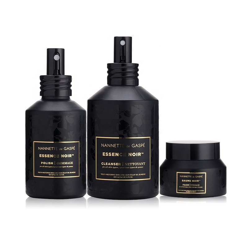 Elegant black high-grade cosmetic bottles, glass cream jar glass bottle with press and spray pump