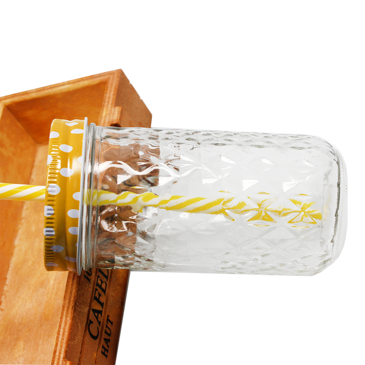 Embossed pattern surface large glass jar with screw top lid 300ml 16oz glass mason jar with hole lid and straw