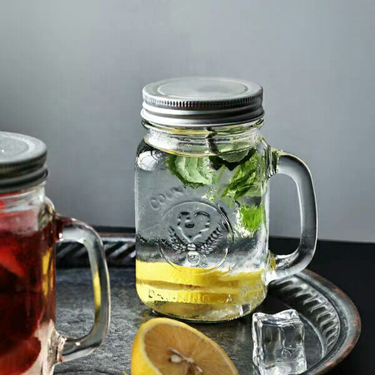 Embossment style handle glass beverage mason jar for holiday business souvenir gift promotion