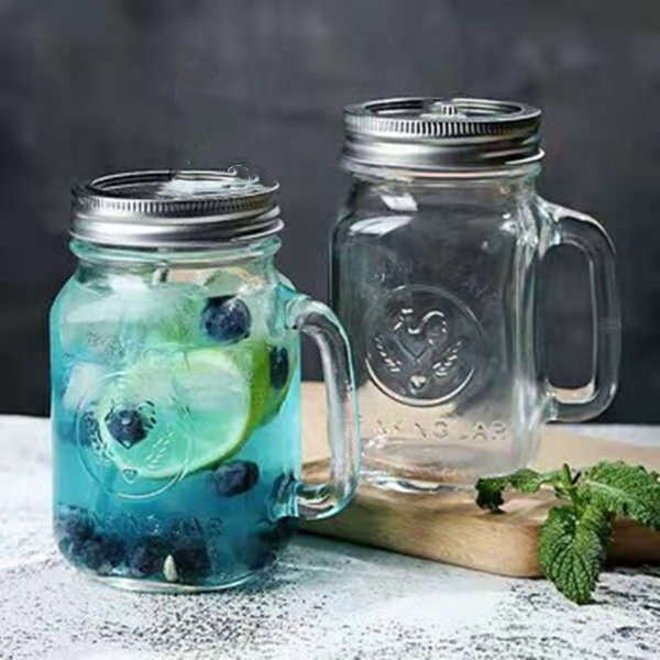 Embossment style handle glass beverage mason jar for holiday business souvenir gift promotion