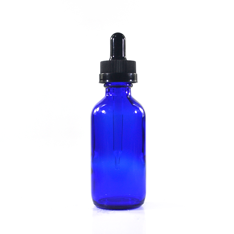 Empty 1 oz 2 oz 4 oz Cobalt Blue Glass Boston Round Serum Pipette Bottle with Black Glass Eye Dropper